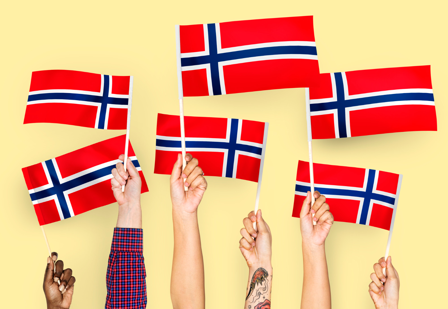 Hands waving Norwegian flags